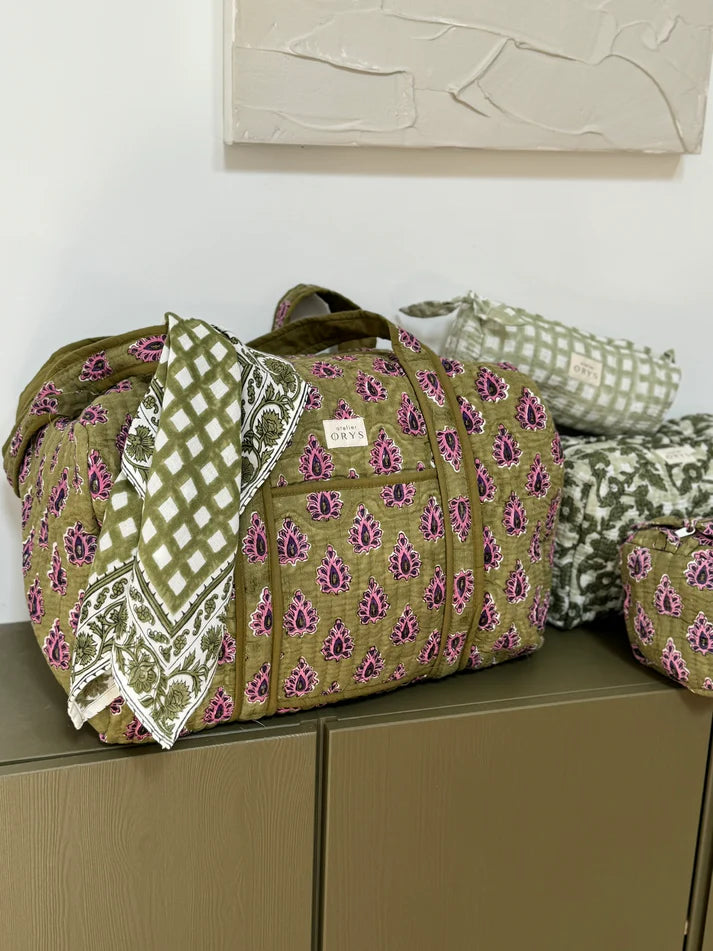 Grand sac week-end en blockprint indien – 100 % coton - kaki et pourpre - Carmen