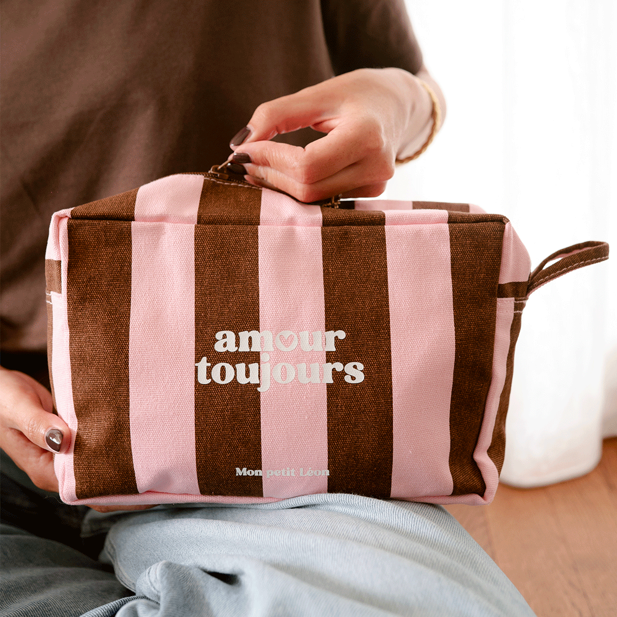 Trousse de toilette coton - Rayures marrons et roses, Amour toujours