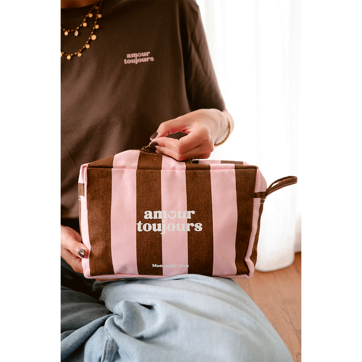 Trousse de toilette coton - Rayures marrons et roses, Amour toujours