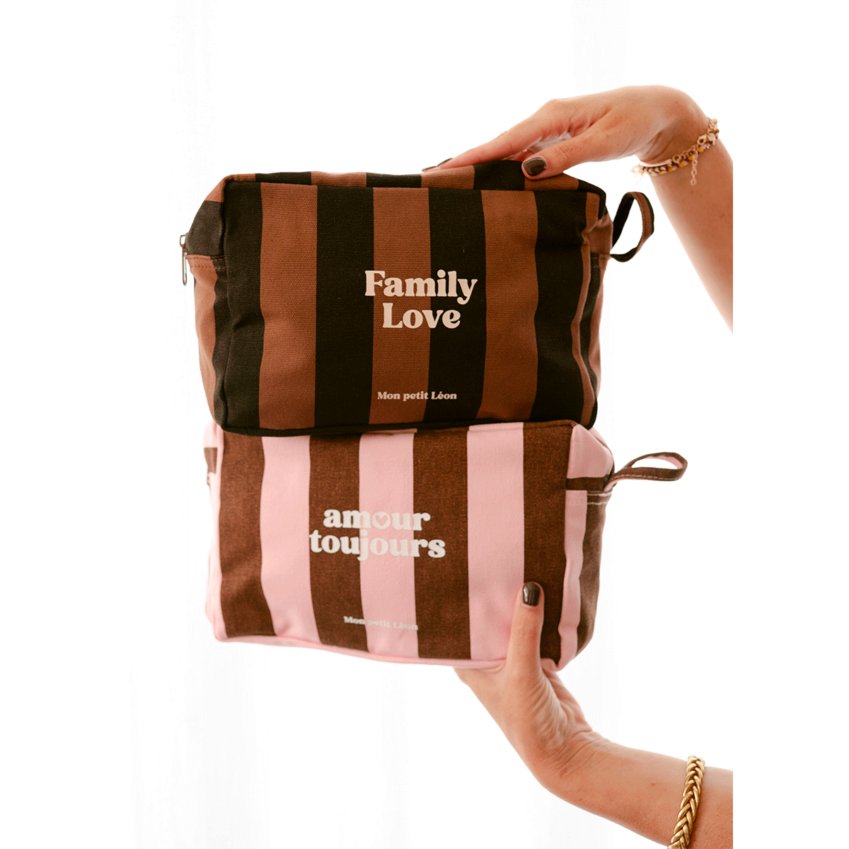 Trousse de toilette coton - Rayures marrons et roses, Amour toujours