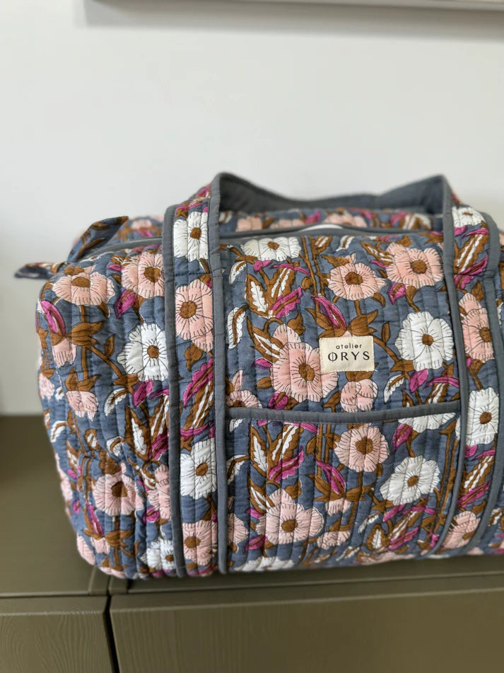 Grand sac week-end en blockprint fleuri bleu 100% coton - Olympe Bleu encre