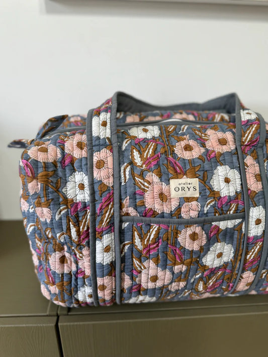 Grand sac week-end en blockprint fleuri bleu 100% coton - Olympe Bleu encre