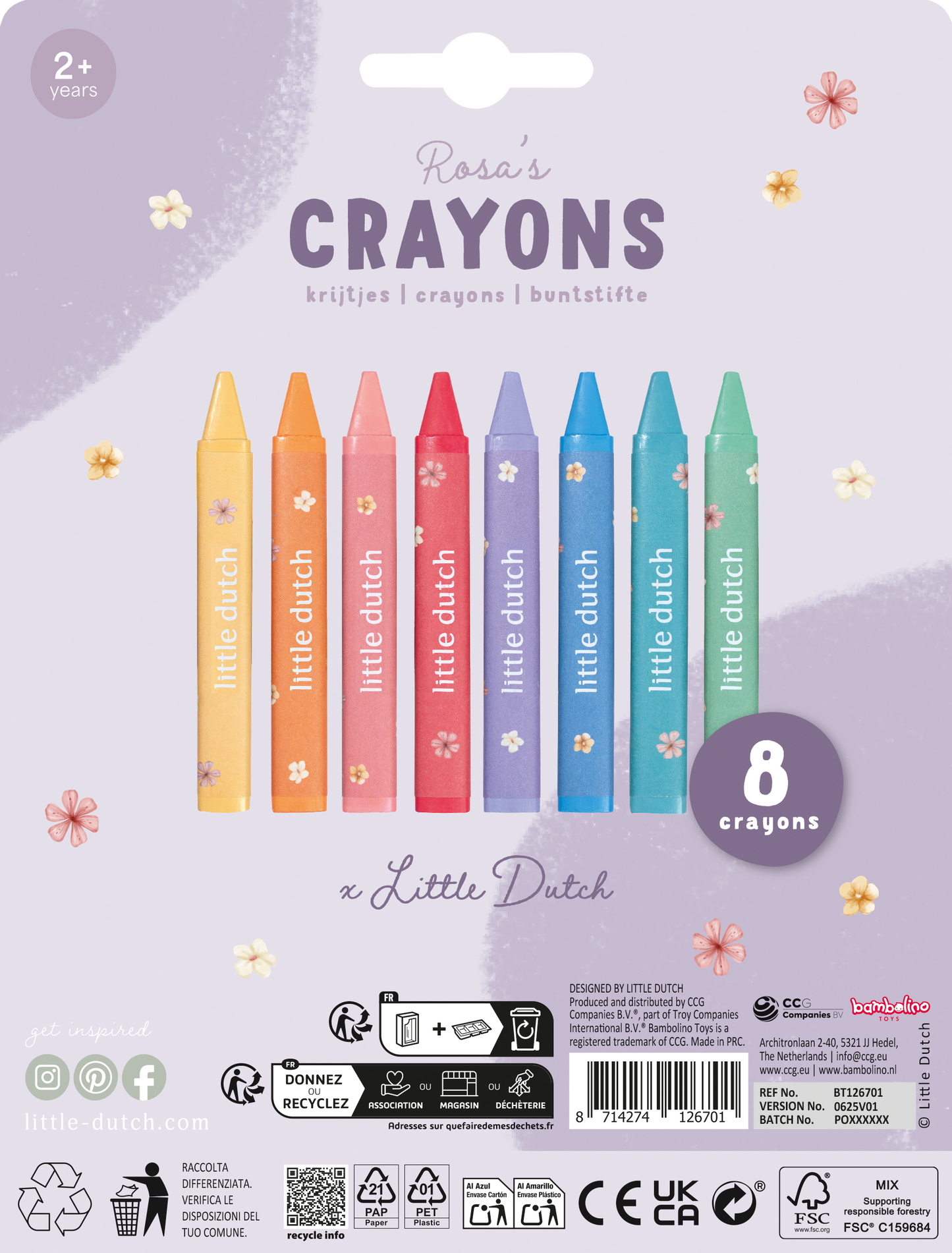 Crayons de cire Little Dutch – Set de 8 couleurs douces - Rosa