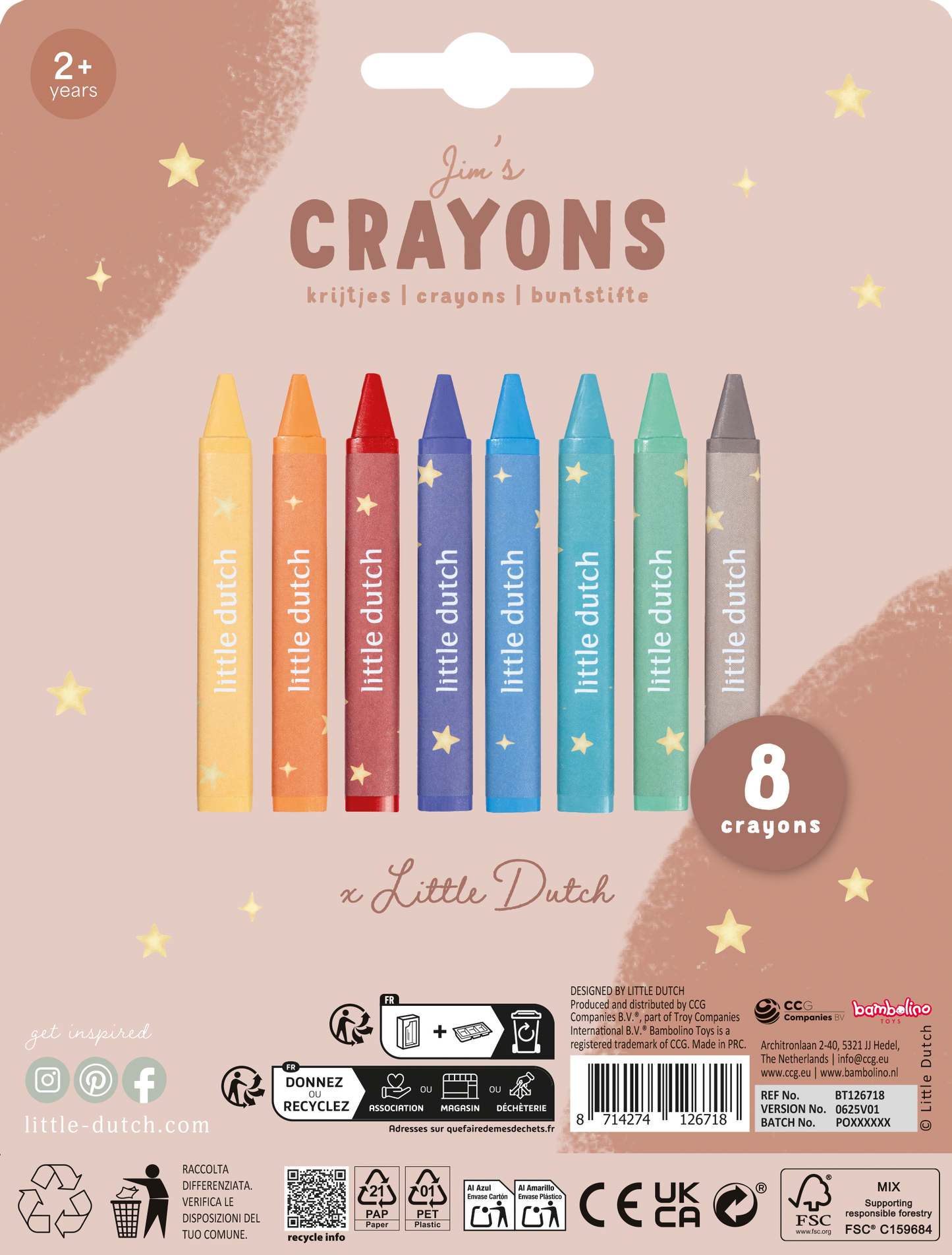 Crayons de cire Little Dutch – Set de 8 couleurs douces - Jim