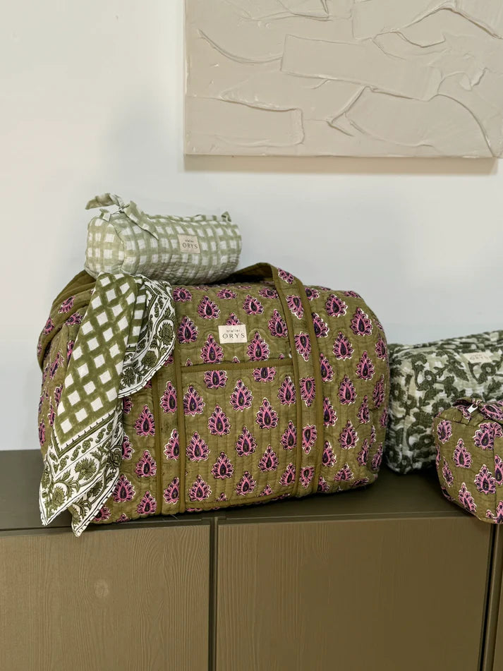 Grand sac week-end en blockprint indien – 100 % coton - kaki et pourpre - Carmen