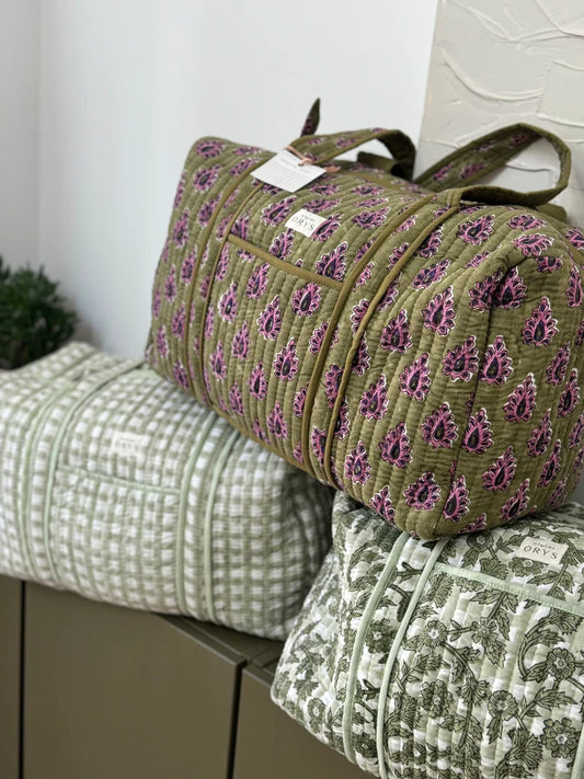 Grand sac week-end en blockprint indien – 100 % coton - kaki et pourpre - Carmen