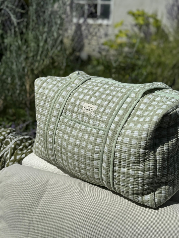 Grand sac week-end en blockprint vichy vert menthe, 100% coton - Ysé Menthe