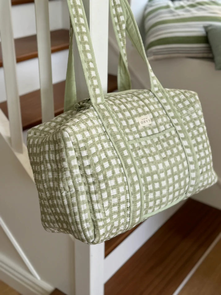 Grand sac week-end en blockprint vichy vert menthe, 100% coton - Ysé Menthe