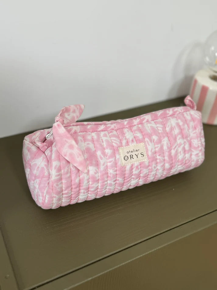 Trousse à crayons matelassée en tissu Indien blockprint, motif oiseaux roses