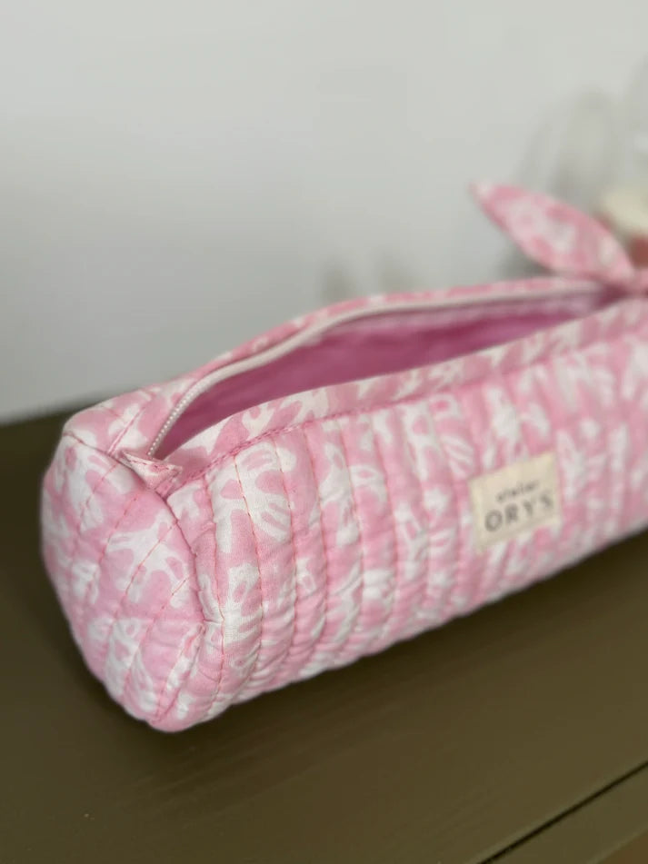 Trousse à crayons matelassée en tissu Indien blockprint, motif oiseaux roses
