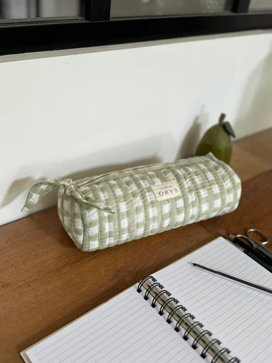 Trousse à crayons matelassée en tissu Indien vichy modèle Ysé vert menthe
