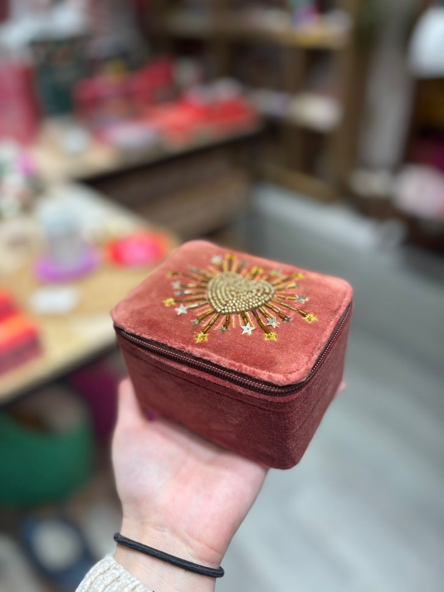 Boîte à Bijoux en Velours avec Perles – Rectangulaire Orange | Maison LILO