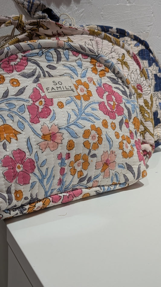 Trousse Matelassée Maquillage - Blanc, Bleu & Rose