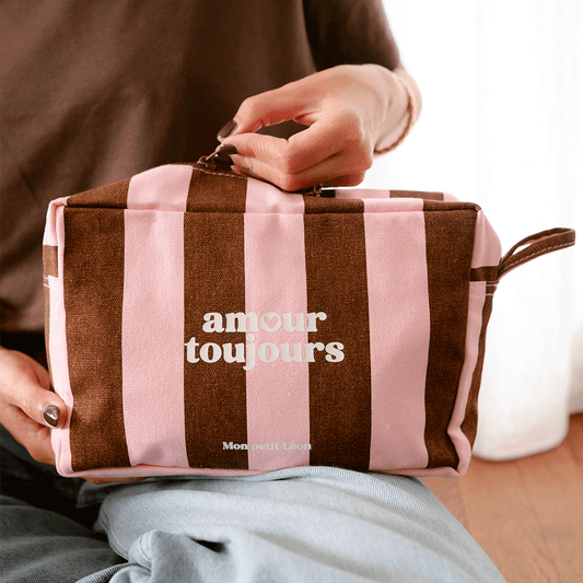 Trousse de toilette coton - Rayures marrons et roses, Amour toujours